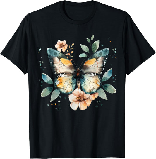 Butterfly With Flowers I Aesthetic Butterfly T-Shirt - T-Shirt | Black