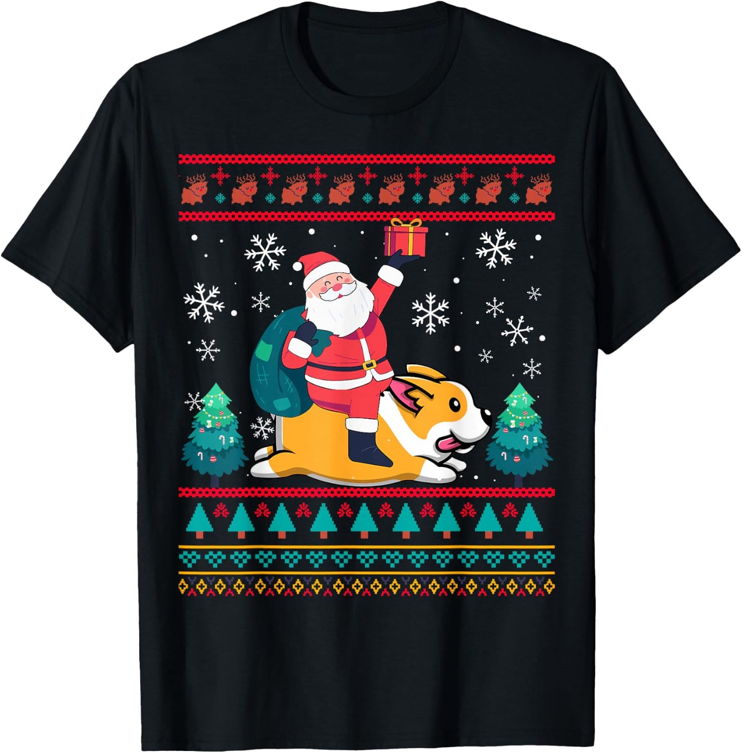Xmas Sweater Ugly Santa Riding Corgi Dog Christmas Women Kids T-Shirt - T-Shirt | Black