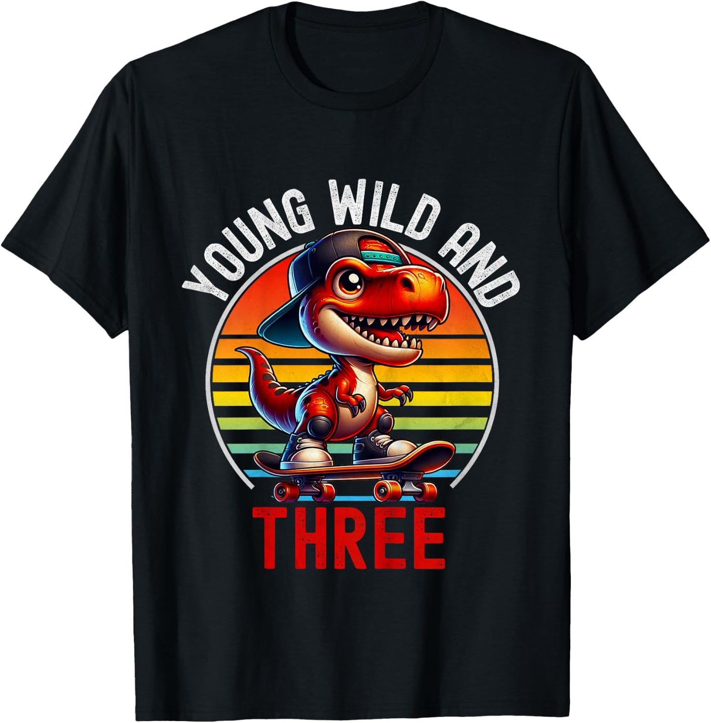 Kids Young Wild & Three T-Rex 3rd Birthday Retro skater Dinosaur T-Shirt - T-Shirt | Black