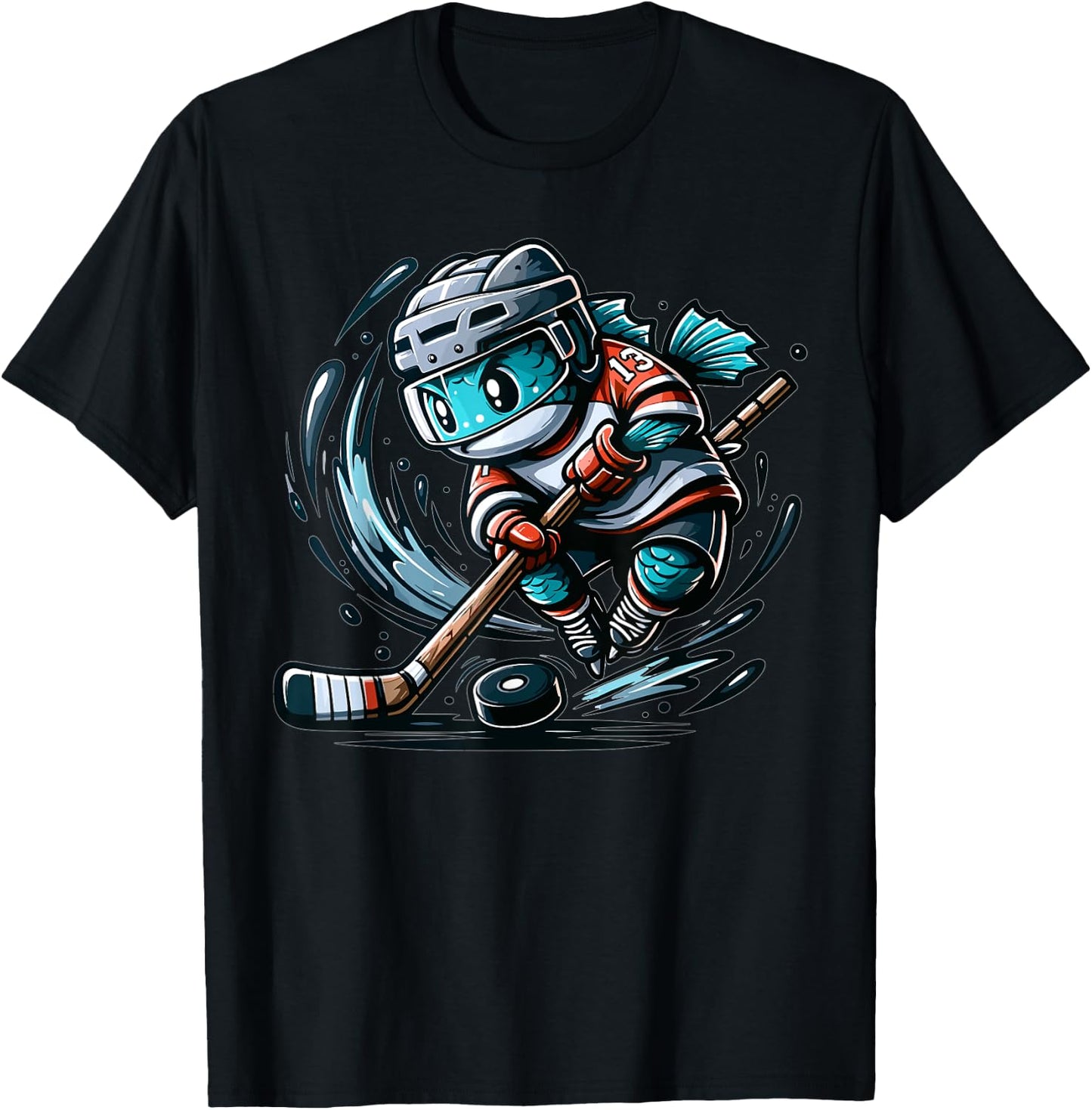 Funny Fishing Design, Fish Playing Hockey T-Shirt - T-Shirt | Black