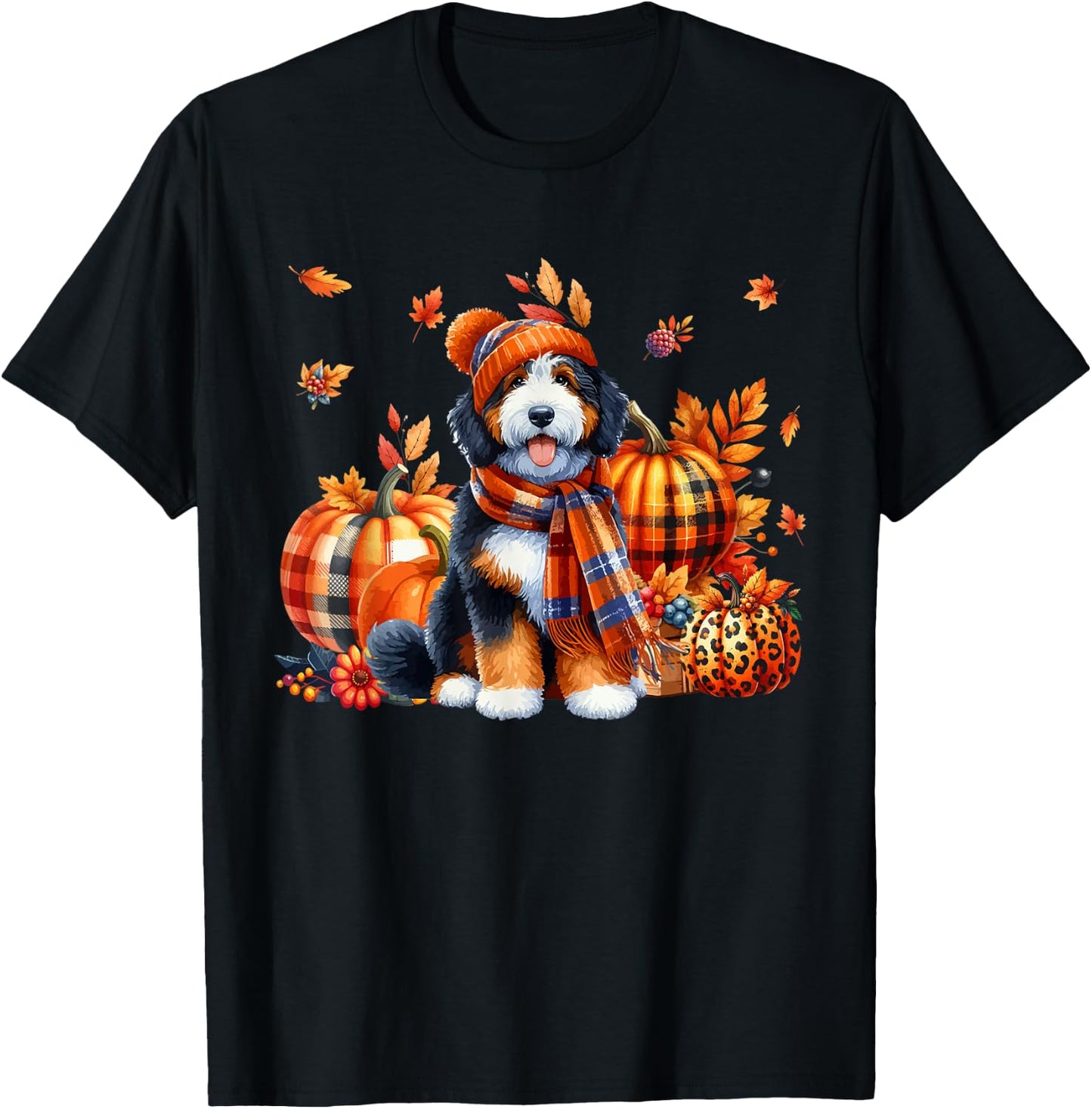 Bernedoodle Thanksgiving Leopard Pumpkins Fall Leaves Lover T-Shirt - T-Shirt | Black