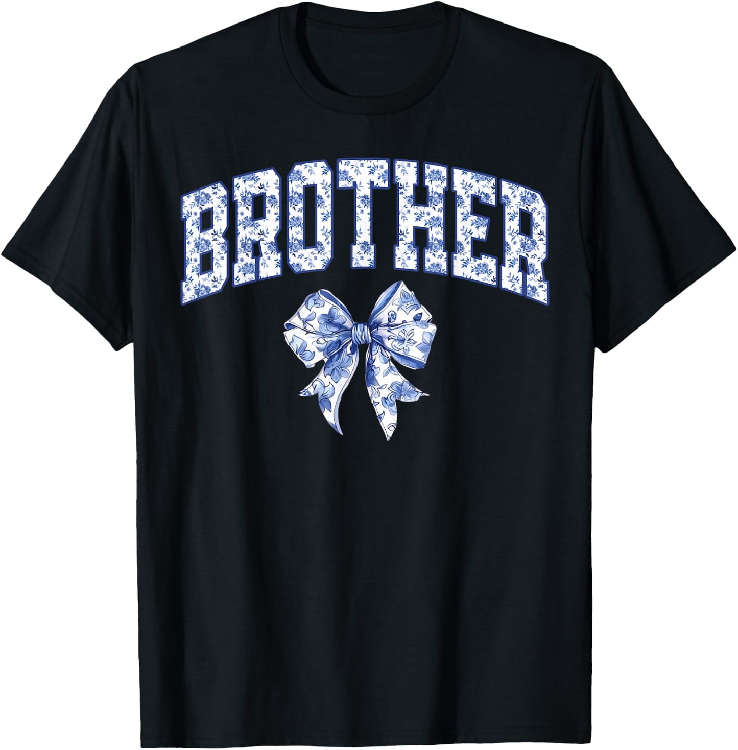 Brother Coquette Toile Blue Bow Floral Family Matching T-Shirt - T-Shirt | Black