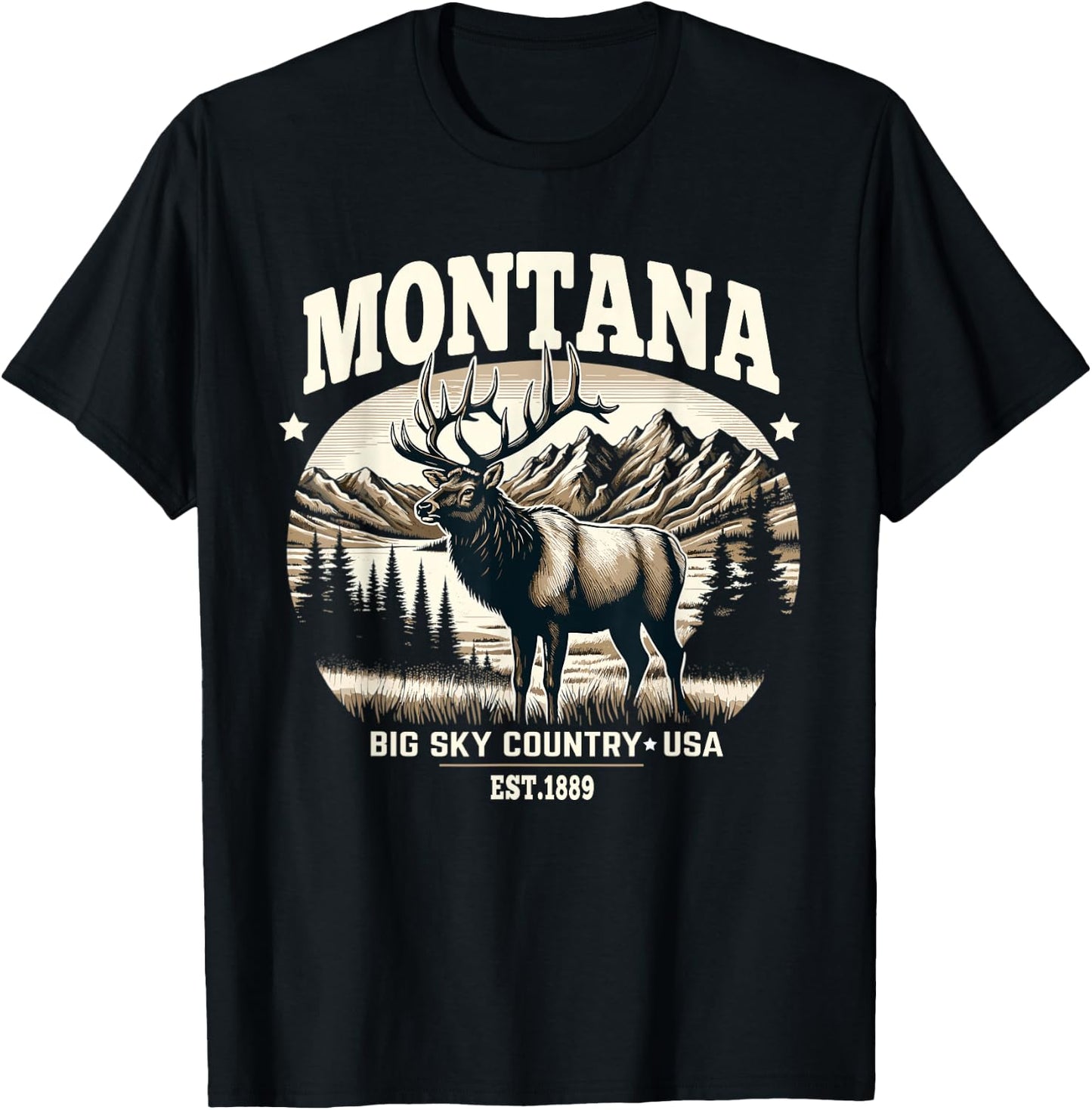 Montana Rocky Mountain Elk, Big Sky Country Design T-Shirt - T-Shirt | Black