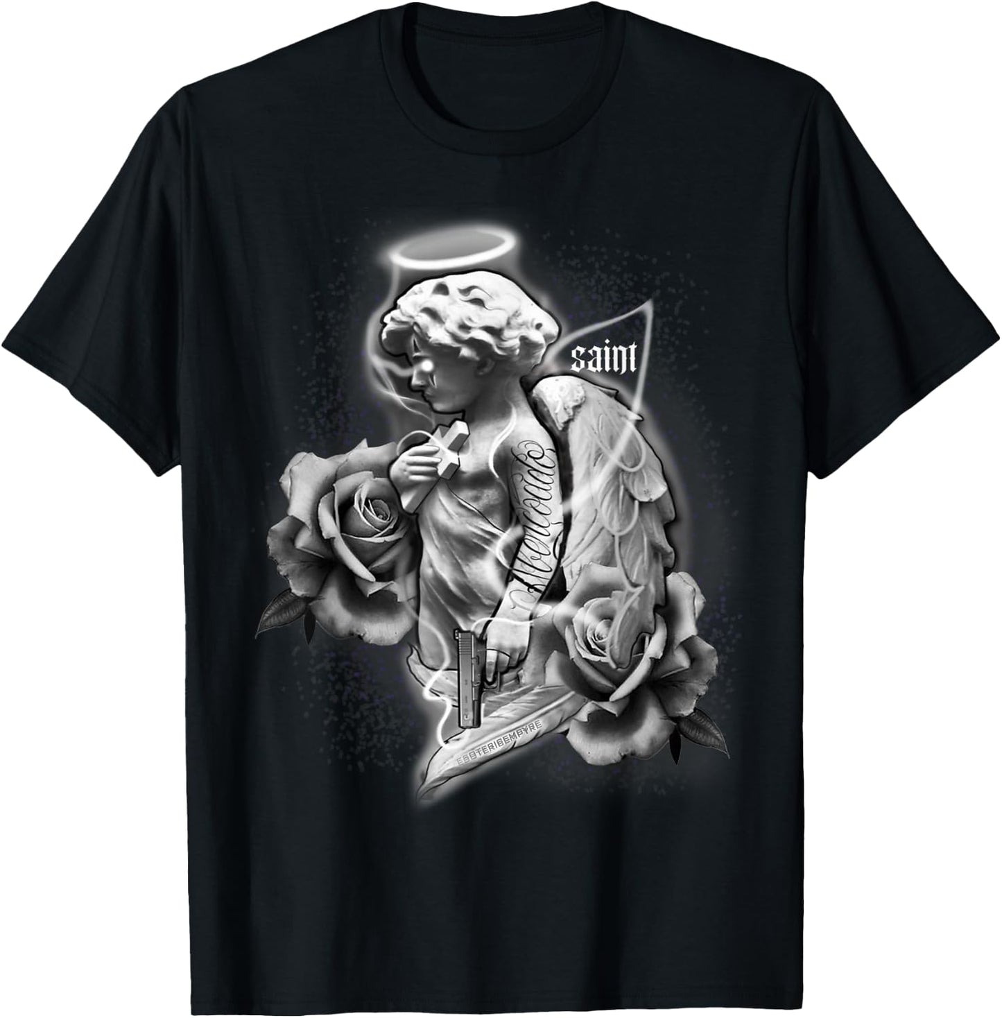 Angel x Saint x Roses Tattoo T-Shirt - T-Shirt | Black