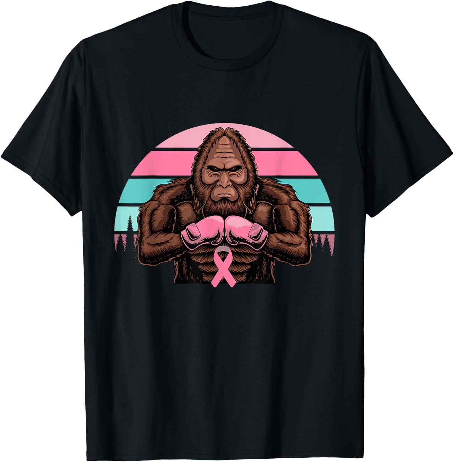 Bigfoot Boxing Pink Ribbon Breast Cancer Awareness Retro T-Shirt - T-Shirt | Black