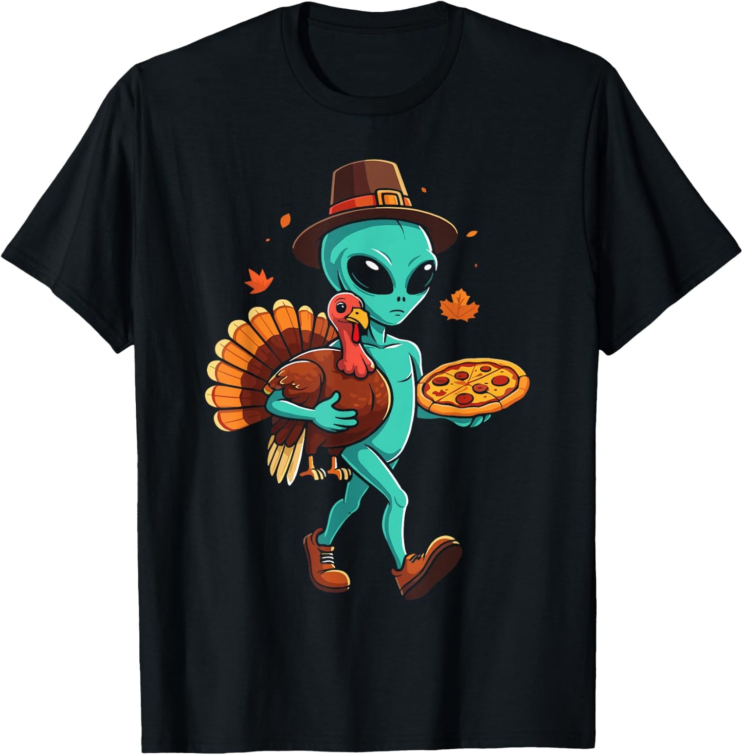 Alien turkey pizza thanksgiving day fall alien pilgrim T-Shirt - T-Shirt | Black
