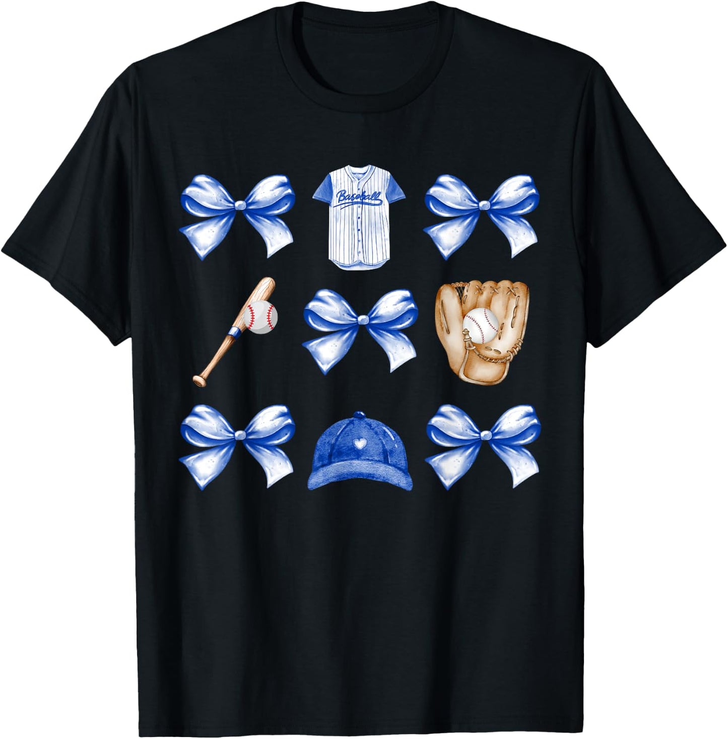 Baseball Game Day Blue Coquette Bow Baseball Mom Retro T-Shirt - T-Shirt | Black