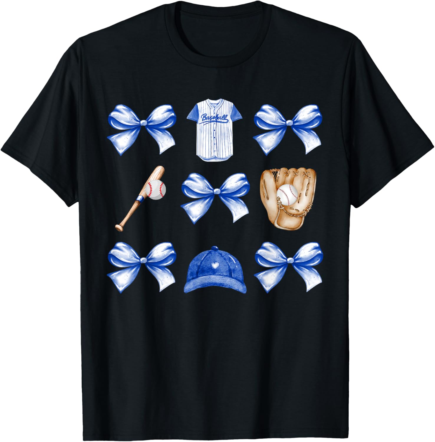 Baseball Game Day Blue Coquette Bow Baseball Mom Retro T-Shirt - T-Shirt | Black
