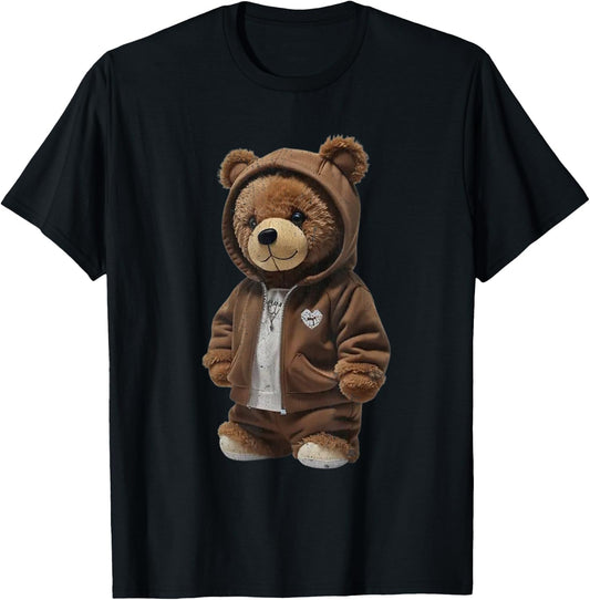 Cute Plush Bear in Brown Outfit T-Shirt - T-Shirt | Black