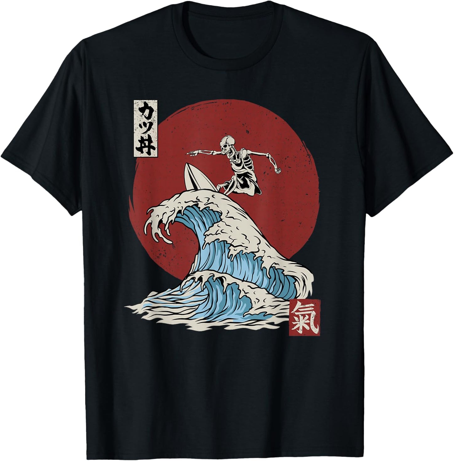 Skeleton Surfing The The Great Wave Off Kanagawa Japanese T-Shirt - T-Shirt | Black