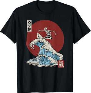 Skeleton Surfing The The Great Wave Off Kanagawa Japanese T-Shirt - T-Shirt | Black