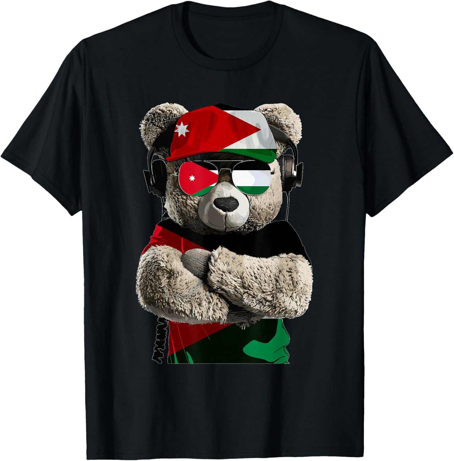 Jordanian Flag Bear Sunglasses Souvenirs Products Jordan T-Shirt - T-Shirt | Black