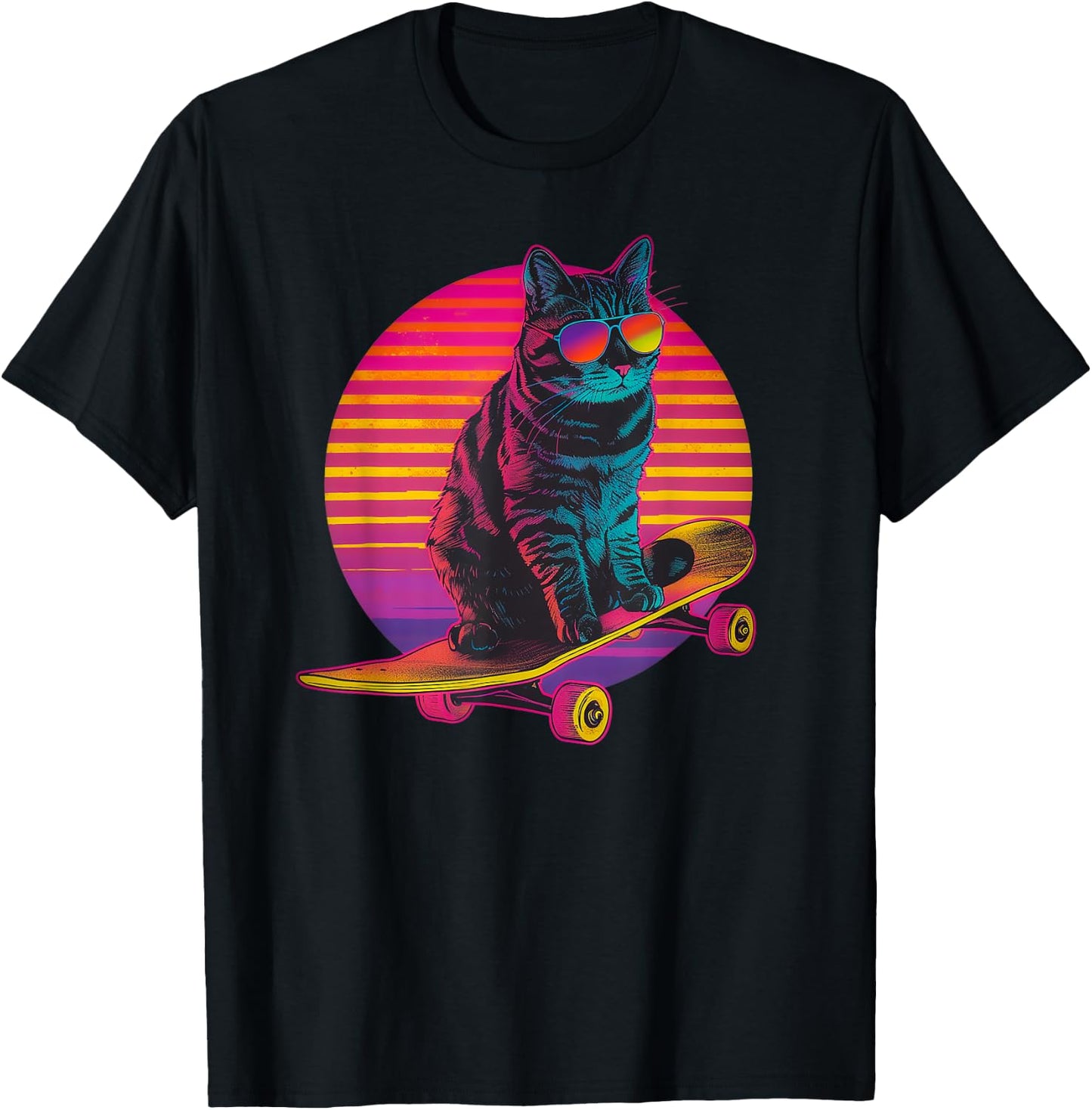 Retro Cat on Skateboard Retro Sunset Women Girls Kids T-Shirt - T-Shirt | Black