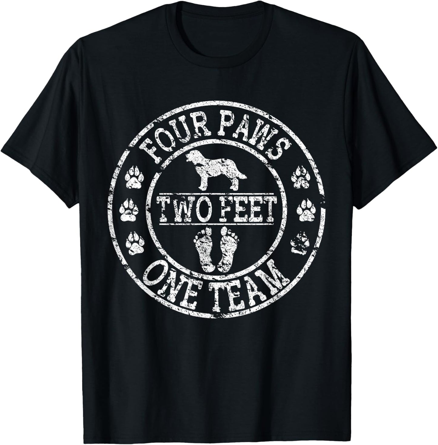 Four Paws Two Feet One Team Dog Distressed T-Shirt - T-Shirt | Black