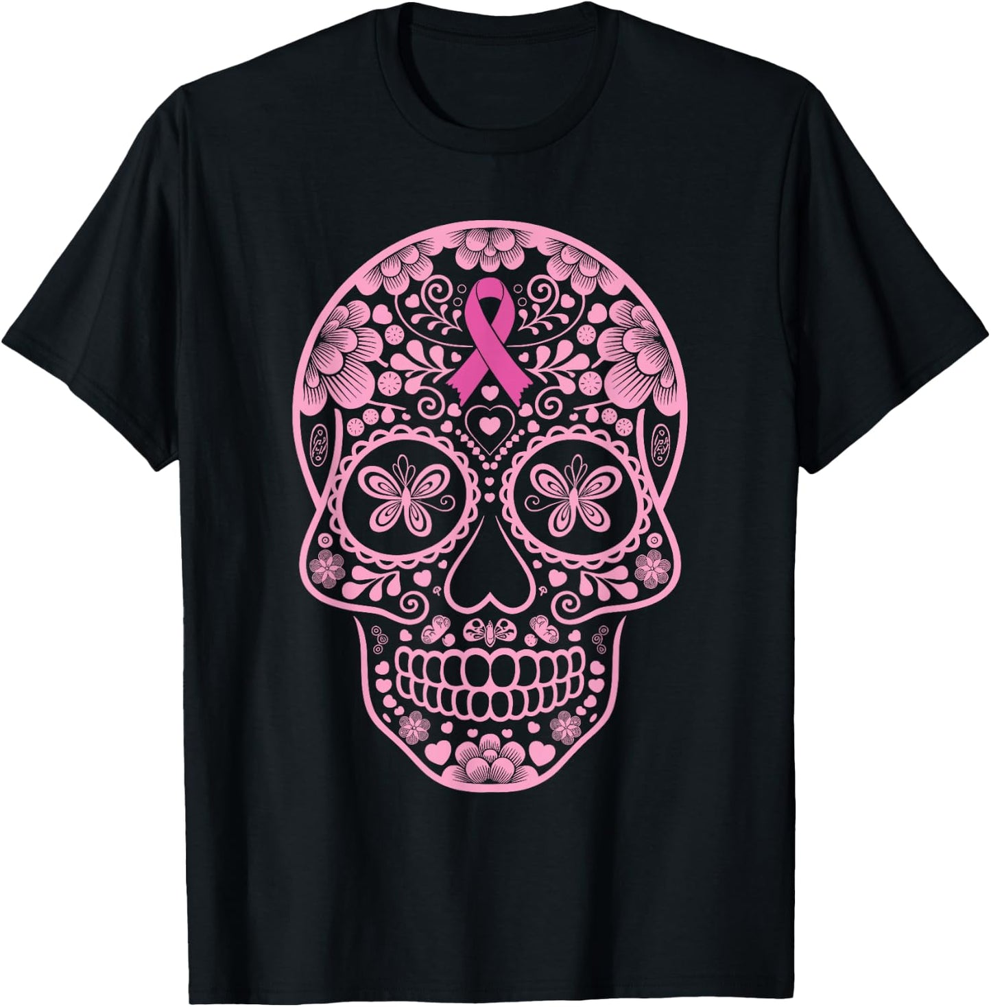 Sugar Skull Pink Ribbon Calavera Breast Cancer Awareness T-Shirt - T-Shirt | Black