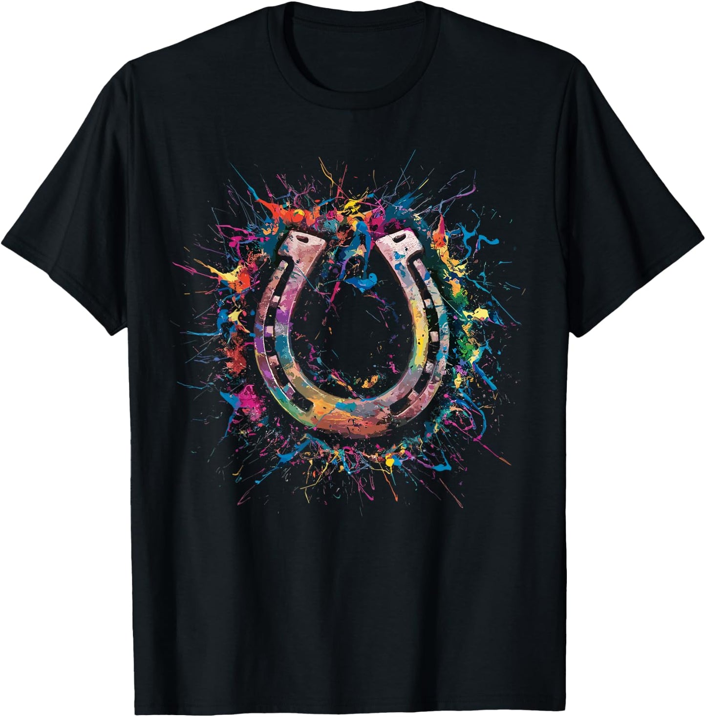 Colorful Paint Splash Horseshoe Art Graphic T-Shirt - T-Shirt | Black