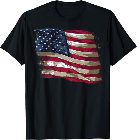Vintage Distressed American Flag (Design on Back) T-Shirt - T-Shirt | Black