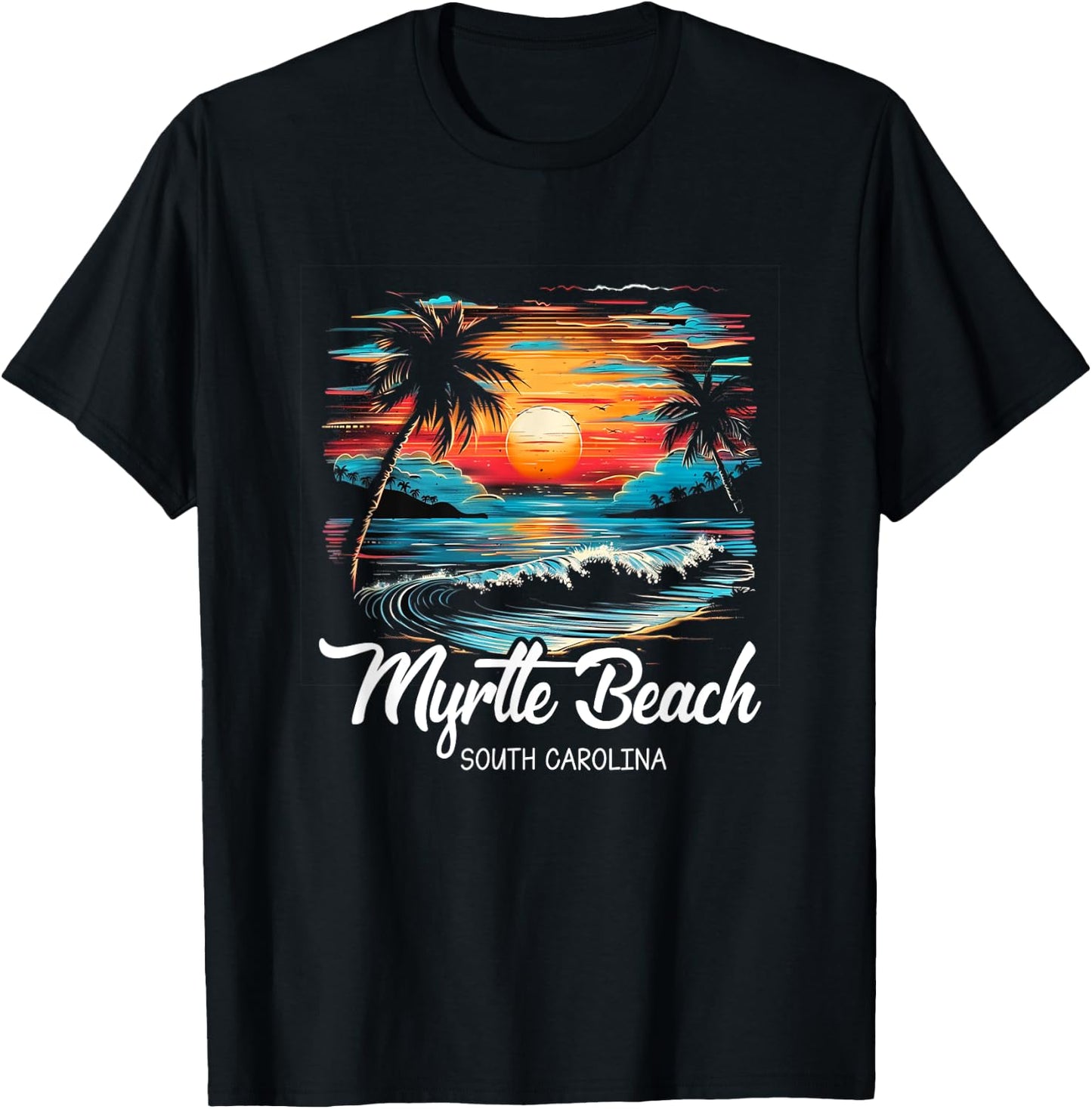 Family Vacation Retro Sunset South Carolina Myrtle Beach T-Shirt - T-Shirt | Black