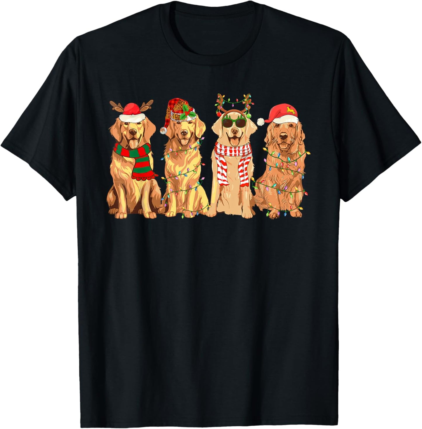 Funny Dogs Golden Retriever Christmas Xmas Lights Dog Lover Men Women Kids T-Shirt - T-Shirt | Black