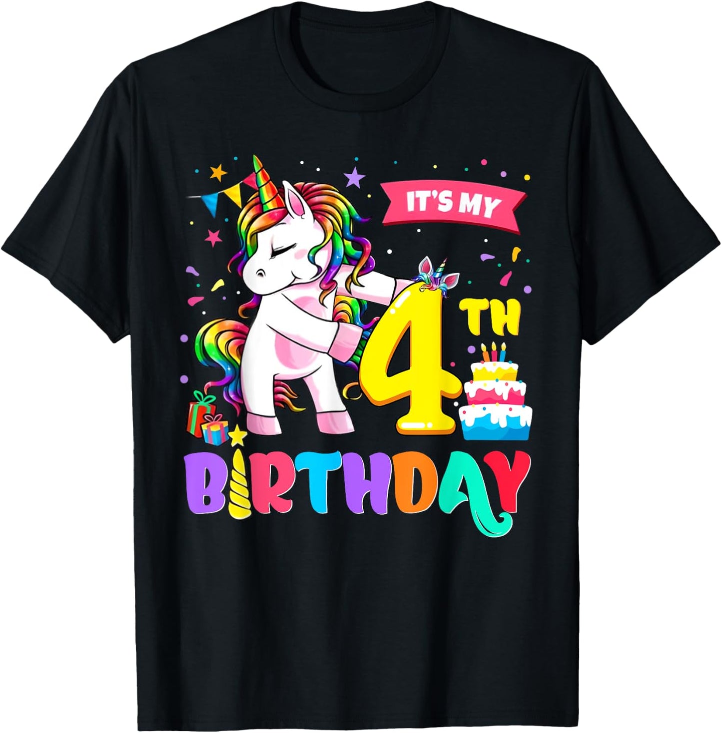 It's My 4th Birthday Shirt Cute Unicorn 4 Year Old Bday Girl T-Shirt - T-Shirt | Black