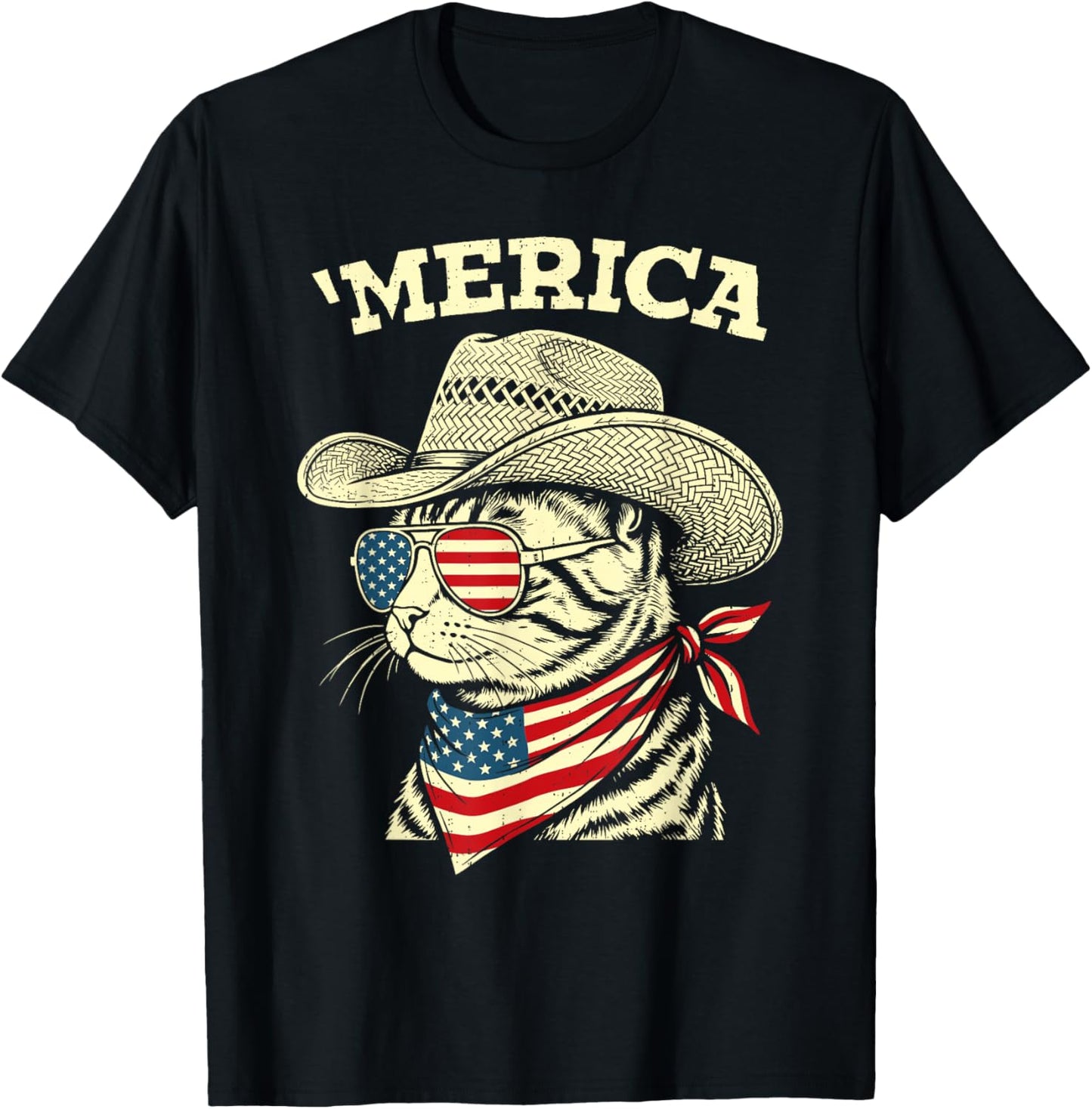 Funny USA Merica Cat 4th of July Patriotic America Men Women T-Shirt - T-Shirt | Black