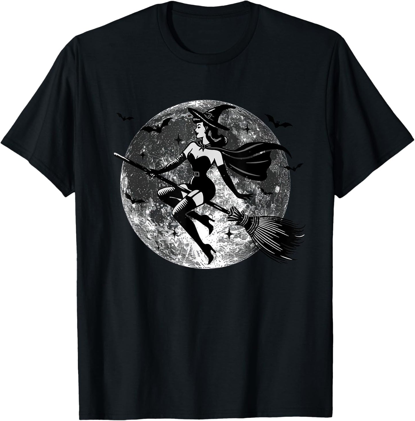 Retro Vintage Sexy Witch on the Broom Moon Halloween T-Shirt - T-Shirt | Black