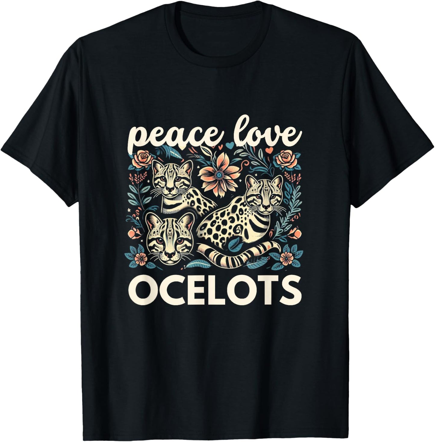 Ocelot Shirt Ocelot Lover Peace Love Ocelots T-Shirt - T-Shirt | Black