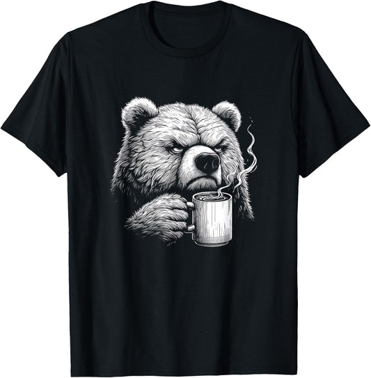 Funny Bear Drinking Coffee Graphic Art Design T-Shirt - T-Shirt | Black