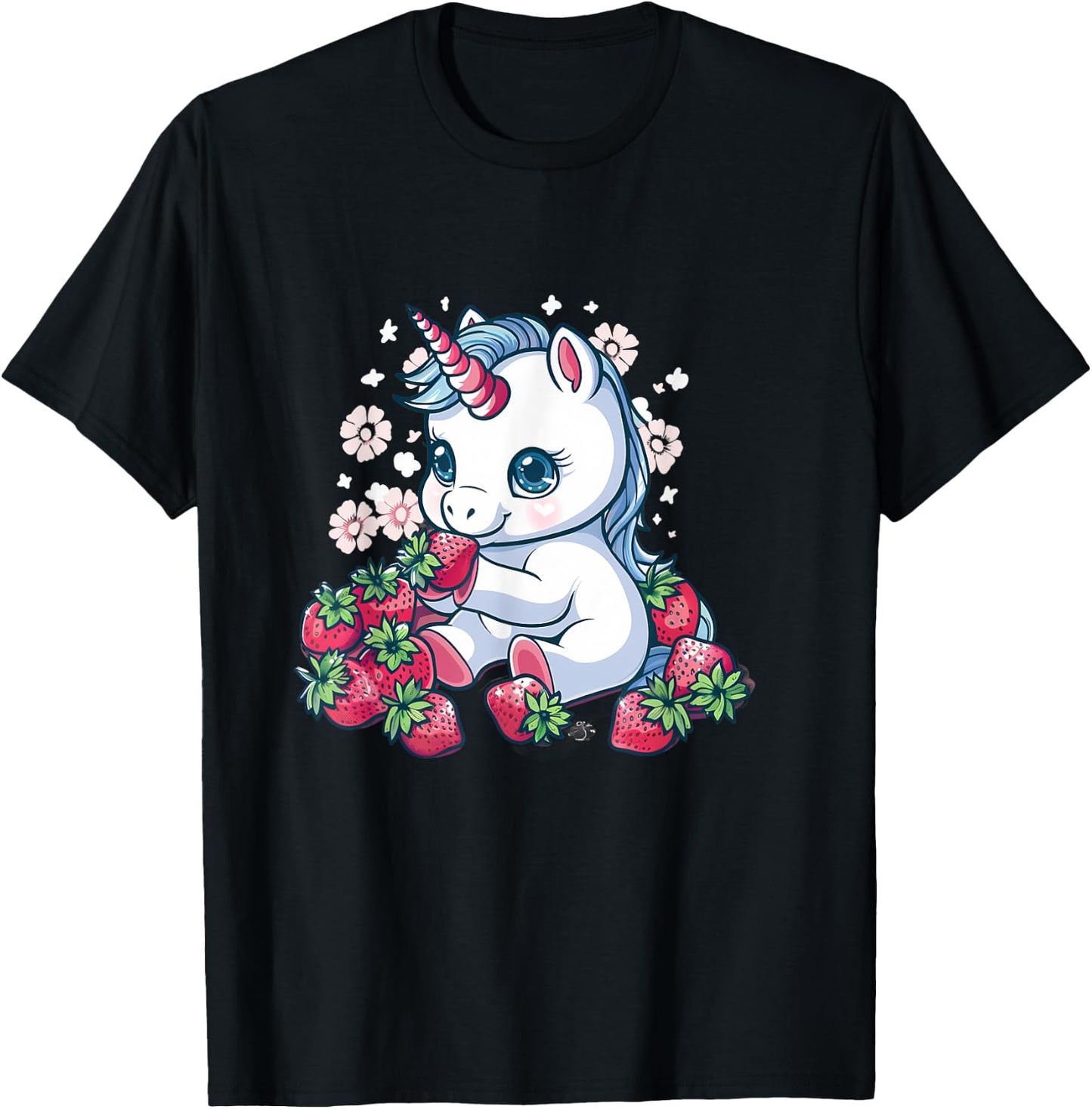 Strawberry Unicorn Cute Floral Strawberries Animal Print T-Shirt - T-Shirt | Black