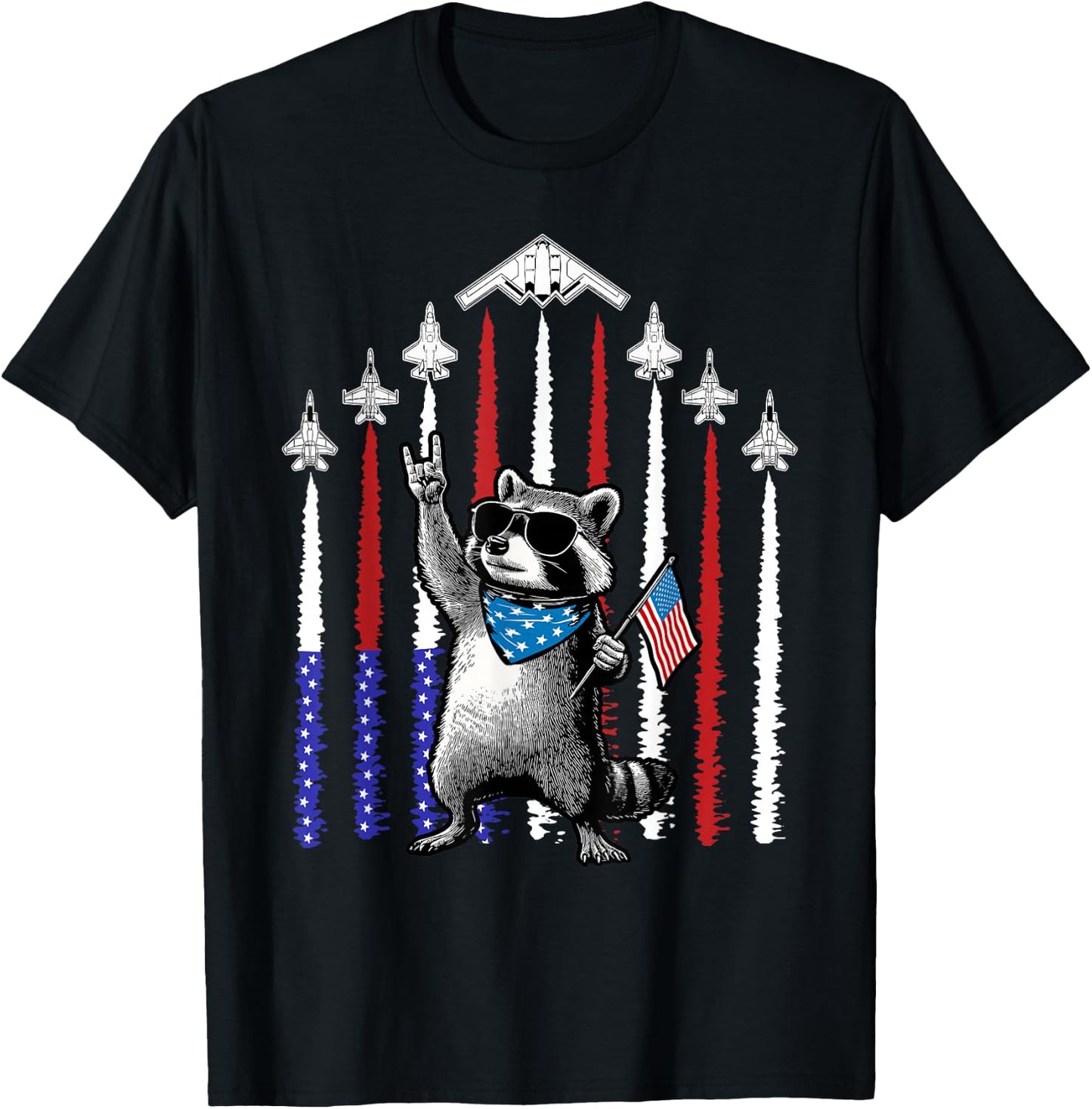 4th of July USA Flag Fighter Jets Raccoon Funny Patriotic T-Shirt - T-Shirt | Black