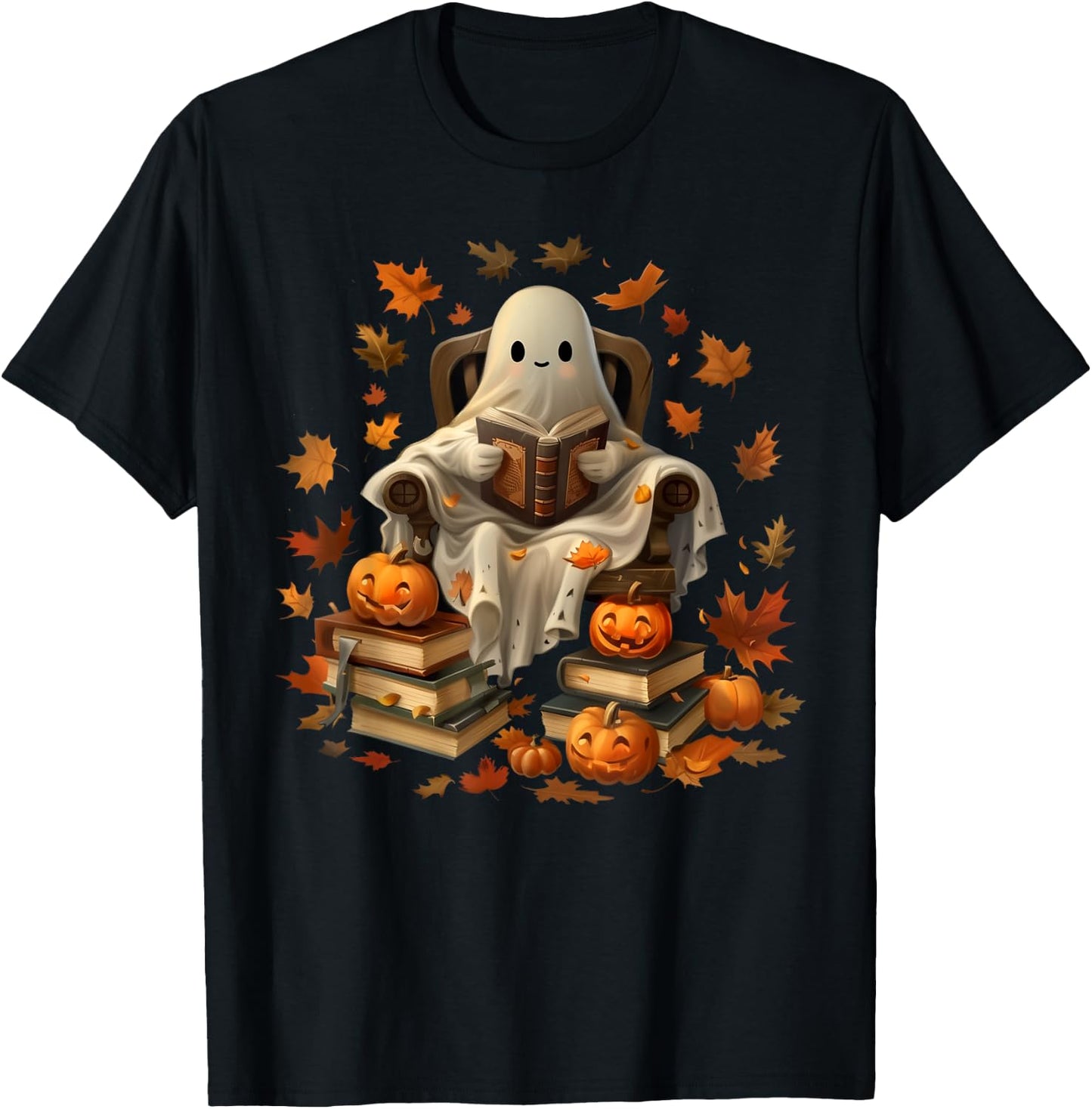 Vintage Ghost Book Reading Pumpkin Gothic Halloween Teachers Men Women Kids T-Shirt - T-Shirt | Black