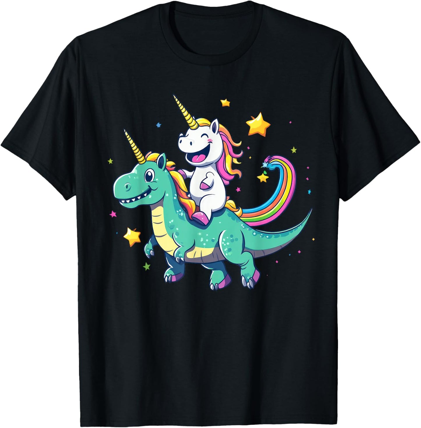 Cute Unicorn Riding T-Rex Rainbow Galaxy Design T-Shirt - T-Shirt | Black