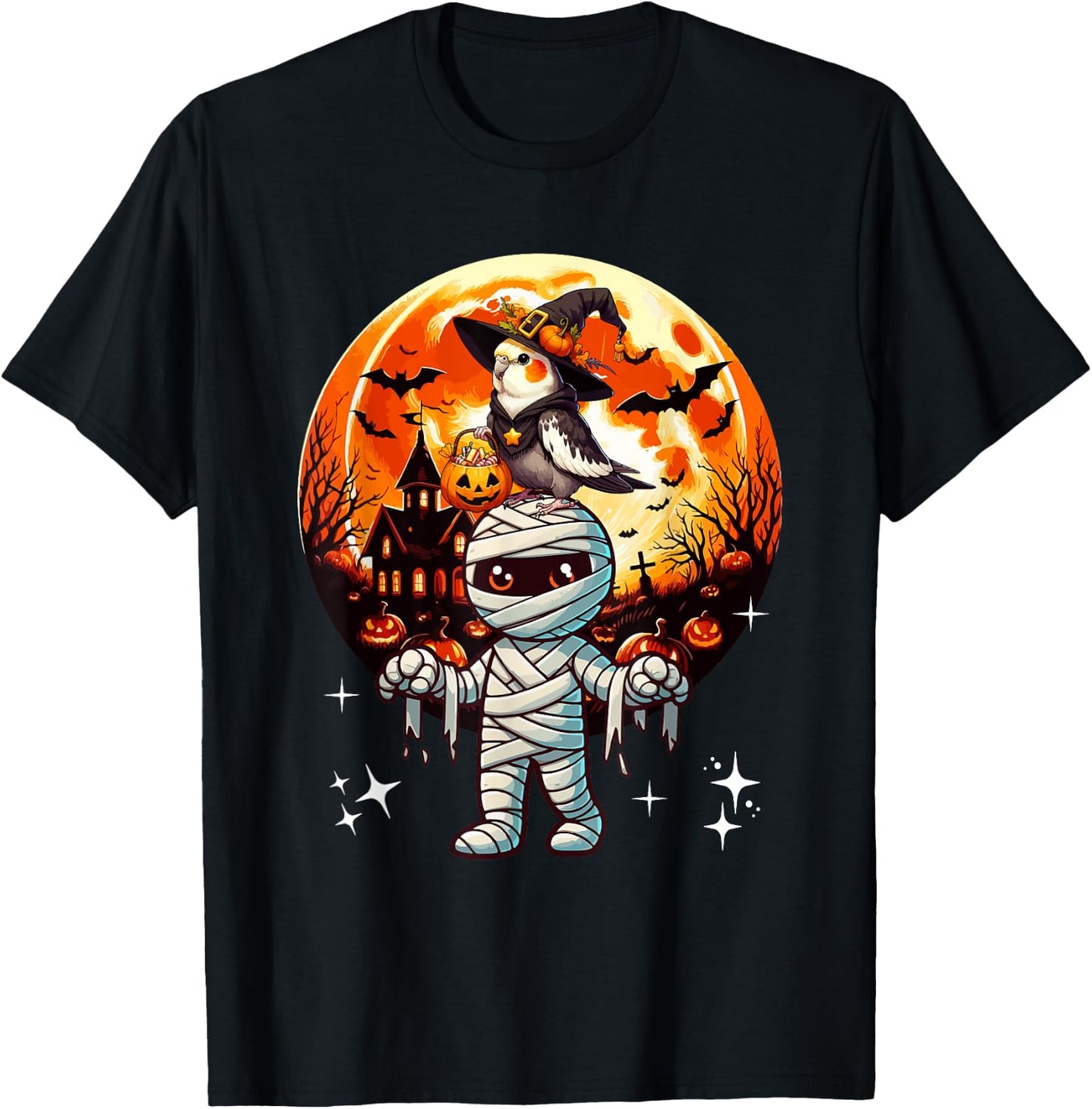 Cockatiel As Witch On Mummy Halloween Candies Basket Pumpkin T-Shirt - T-Shirt | Black