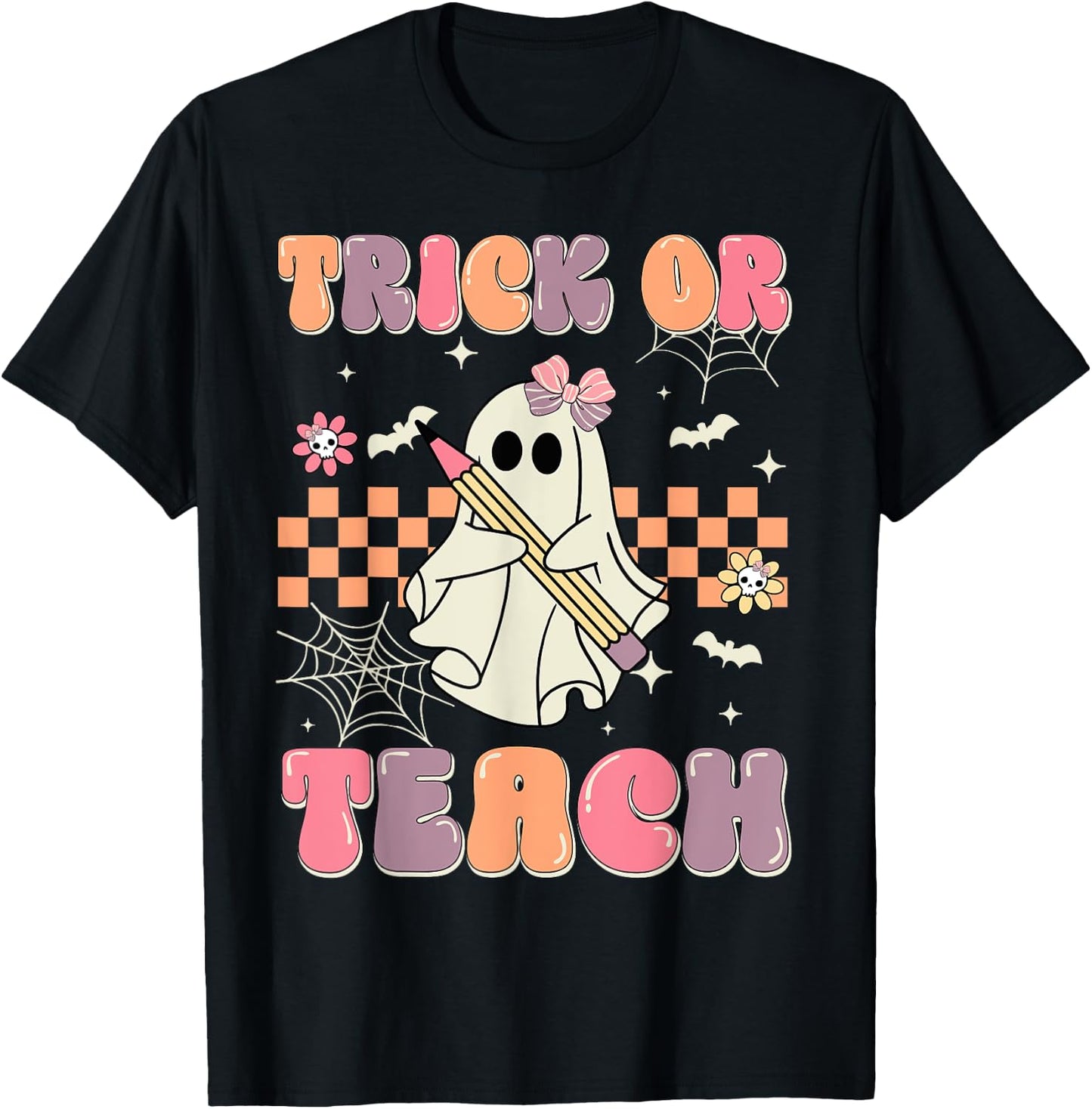 Funny Halloween Teachers Trick Or Teach Groovy Ghost Women Kids T-Shirt - T-Shirt | Black