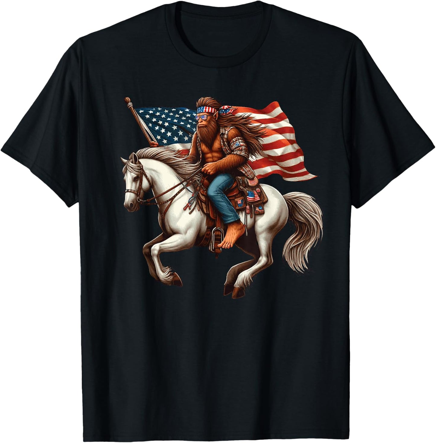 Funny Bigfoot Sasquatch USA Mullet Bandana Horse Riding T-Shirt - T-Shirt | Black