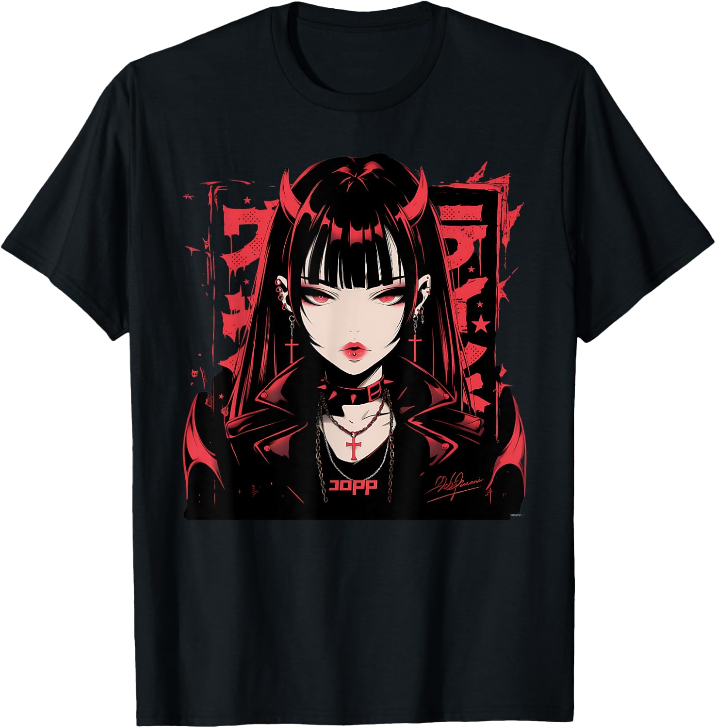 Goth Grunge Demon Anime Girl Waifu Horror Alt Aesthetic T-Shirt - T-Shirt | Black