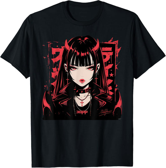 Goth Grunge Demon Anime Girl Waifu Horror Alt Aesthetic T-Shirt - T-Shirt | Black