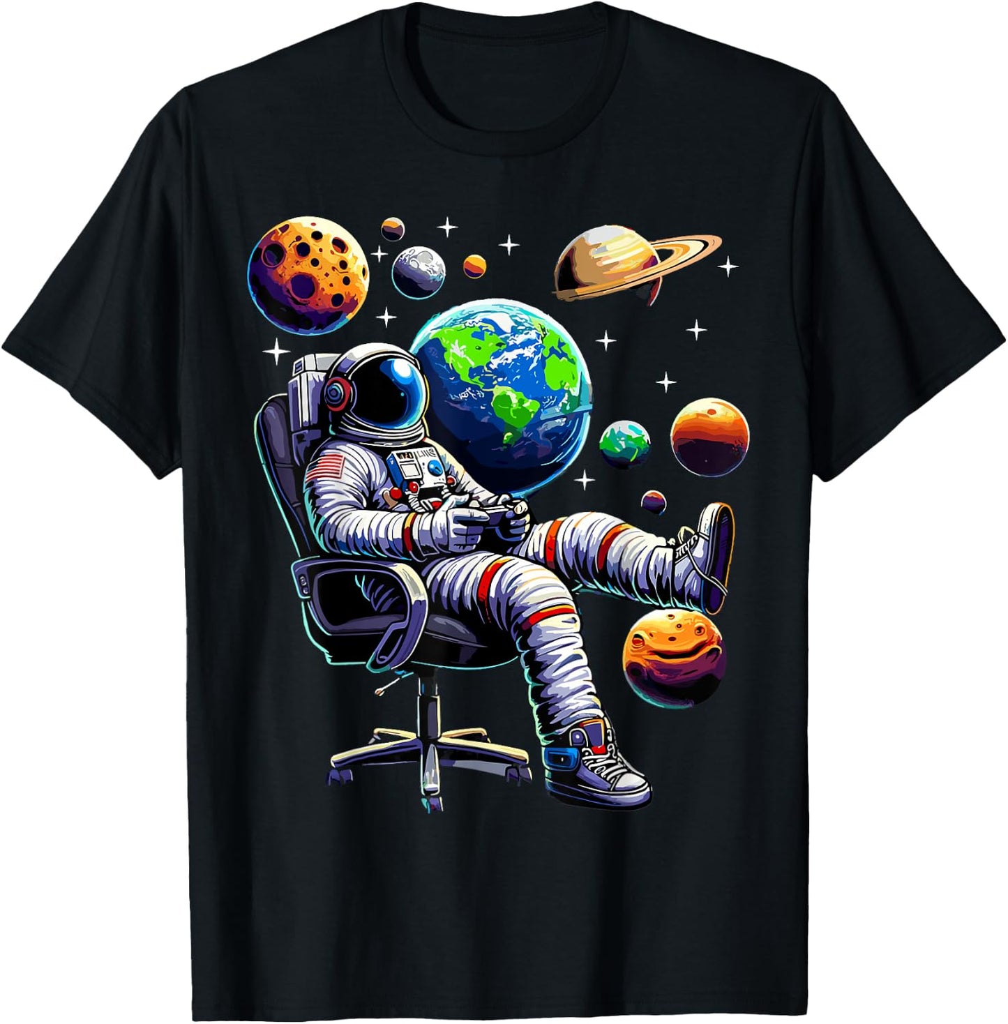 Astronaut Gamer Space Gaming System Planets T-Shirt - T-Shirt | Black