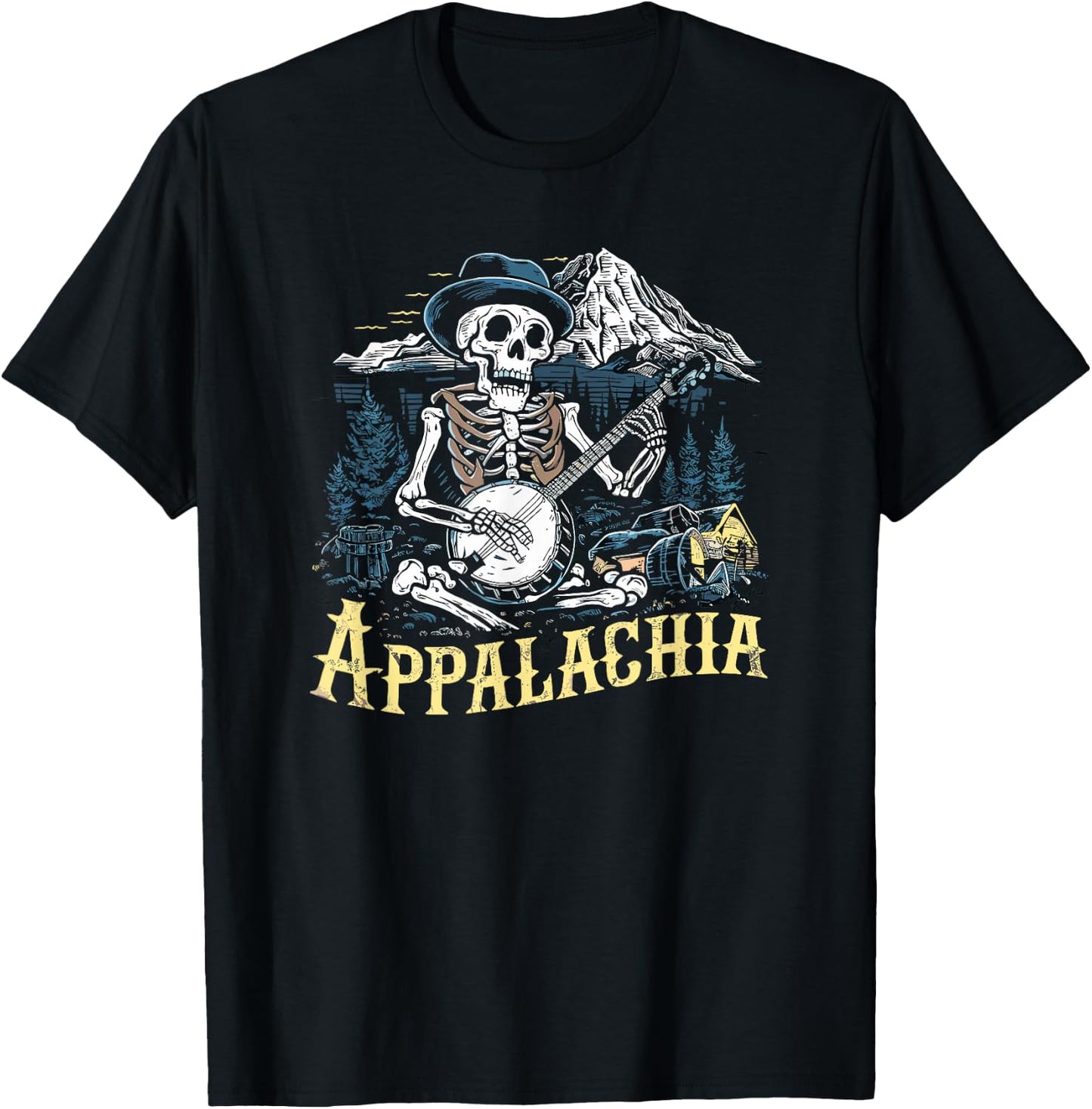 Bluegrass Banjo Skeleton, Appalachia Country Bluegrass Music T-Shirt - T-Shirt | Black