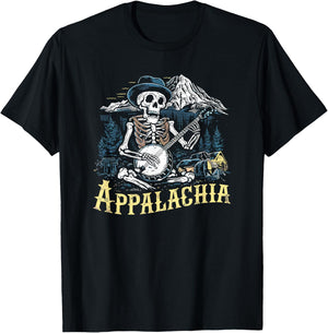 Bluegrass Banjo Skeleton, Appalachia Country Bluegrass Music T-Shirt - T-Shirt | Black