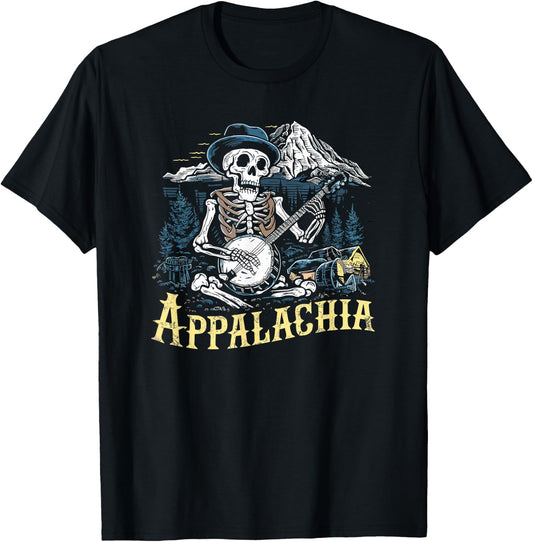 Bluegrass Banjo Skeleton, Appalachia Country Bluegrass Music T-Shirt - T-Shirt | Black