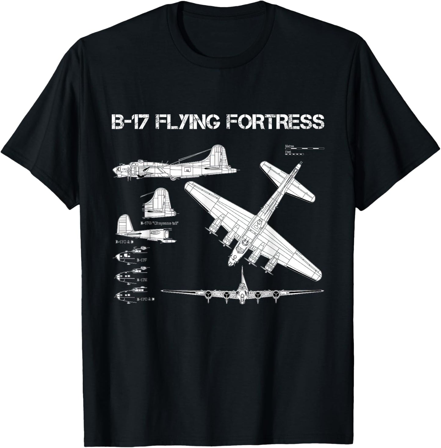 B-17 Flying Fortress WW2 Heavy Bomber Aircraft Blueprint T-Shirt - T-Shirt | Black