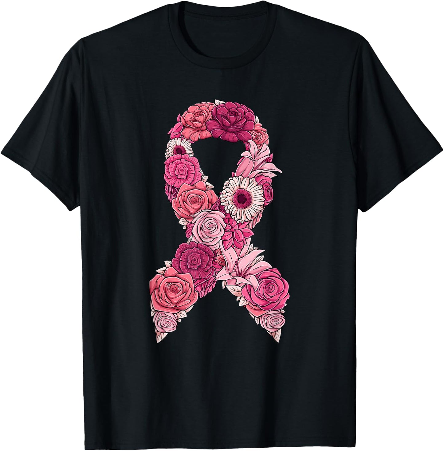 Pink Ribbon With Flowers Breast Cancer Awareness T-Shirt - T-Shirt | Black