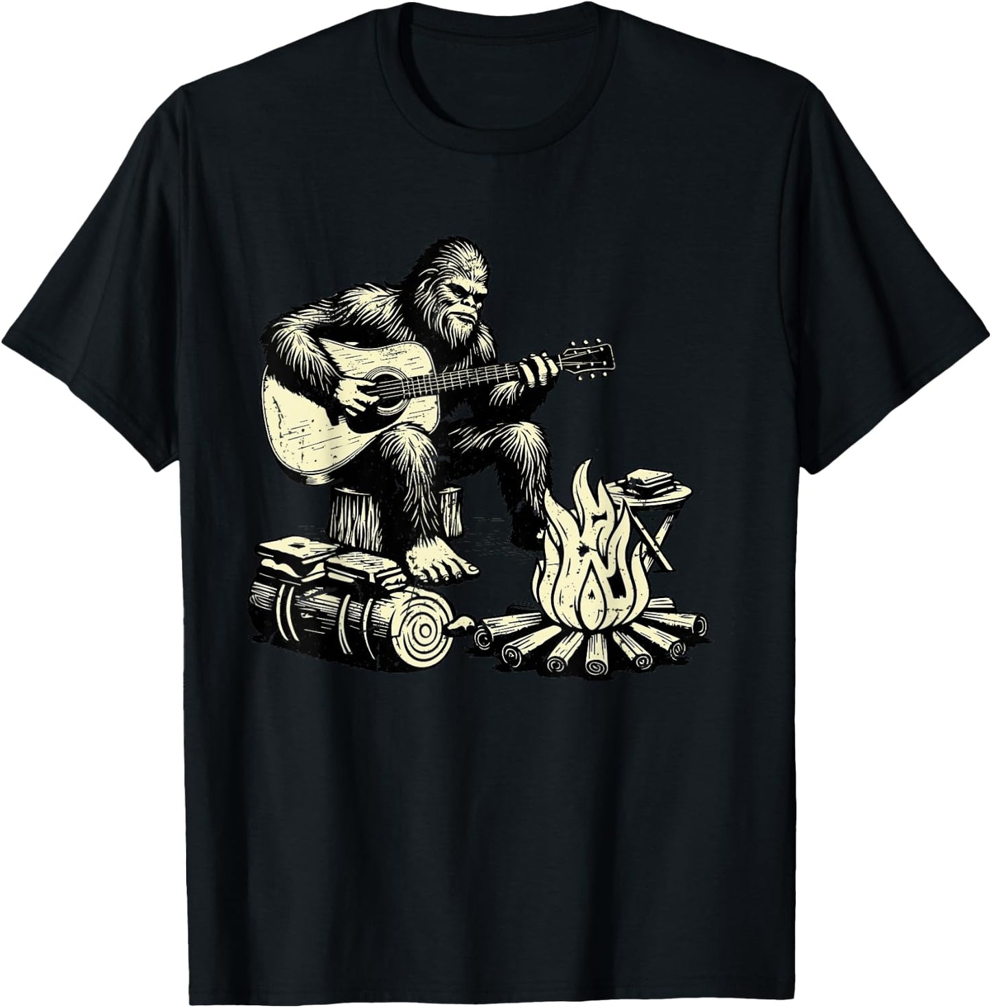 Camping Bigfoot Smore Rock Bigfoot Playing Guitar Campfire T-Shirt - T-Shirt | Black
