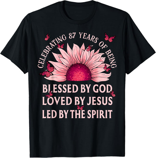 Blessed By God For 87 Years Pink Sunflower Christian T-Shirt - T-Shirt | Black