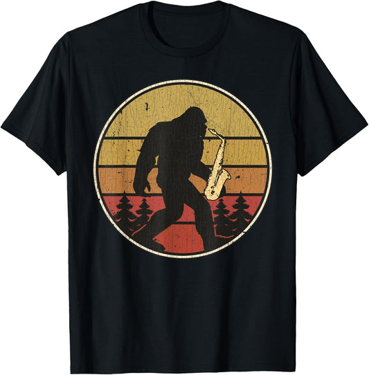 Saxsquatch Funny Bigfoot Saxophone Retro Sun Graphic T-Shirt - T-Shirt | Black