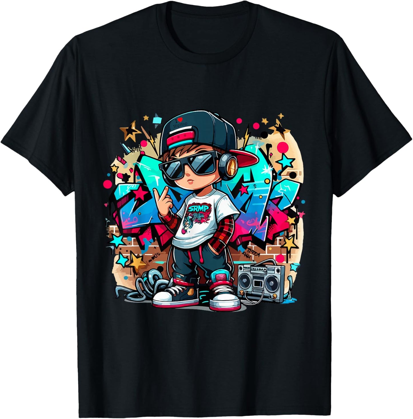 Cool Hip Hop Guy with Graffiti Illustration Graphic Style T-Shirt - T-Shirt | Black