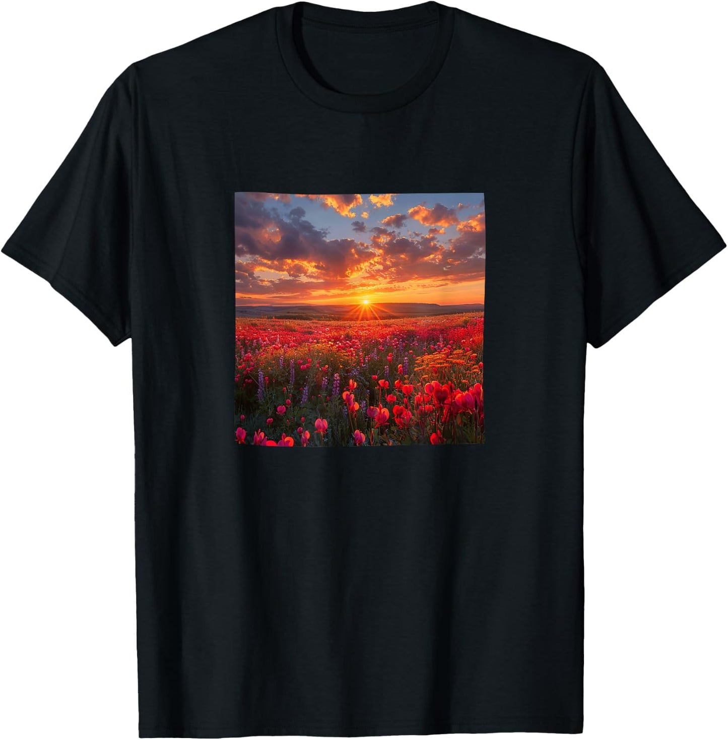 Bleeding Heart Flower Field Beautiful Sunset Graphic T-Shirt - T-Shirt | Black