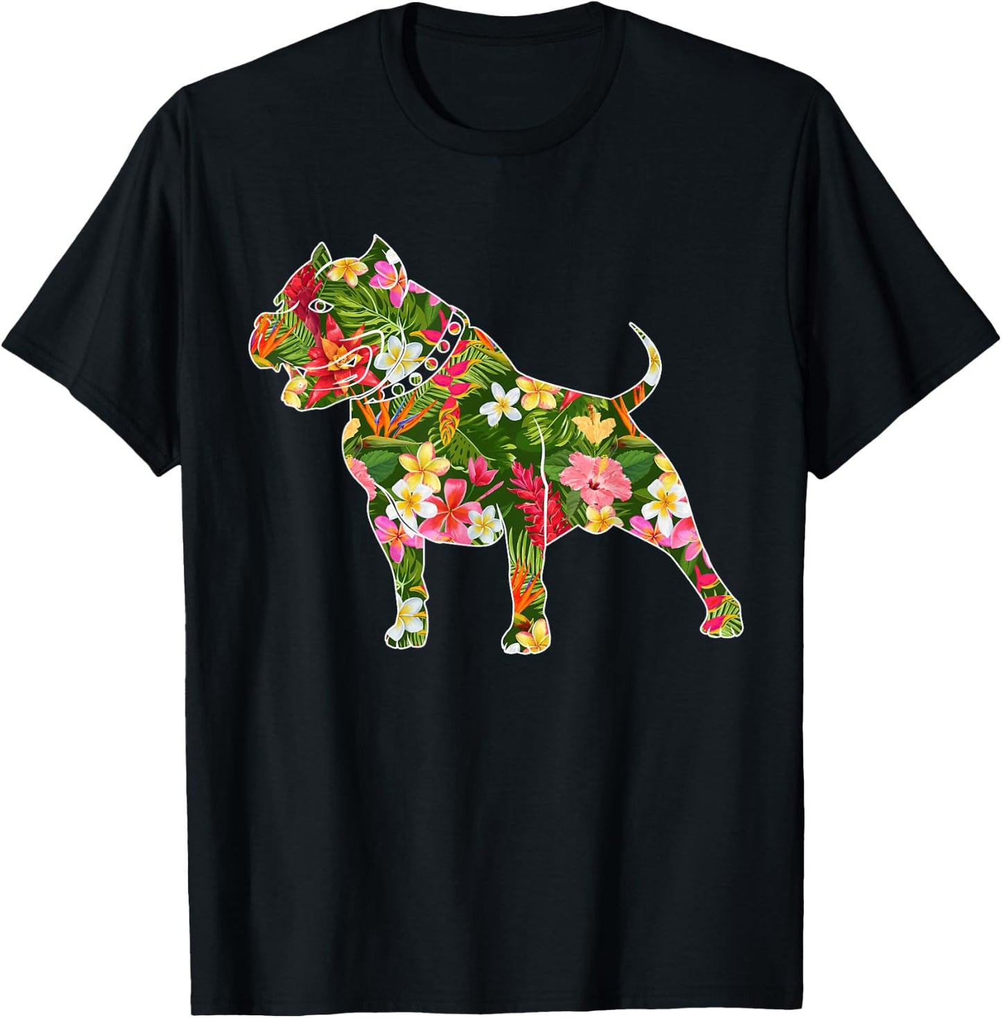 Cute Silhouette Of Pitbull Dog Hawaiian Floral Summer Vibes T-Shirt - T-Shirt | Black