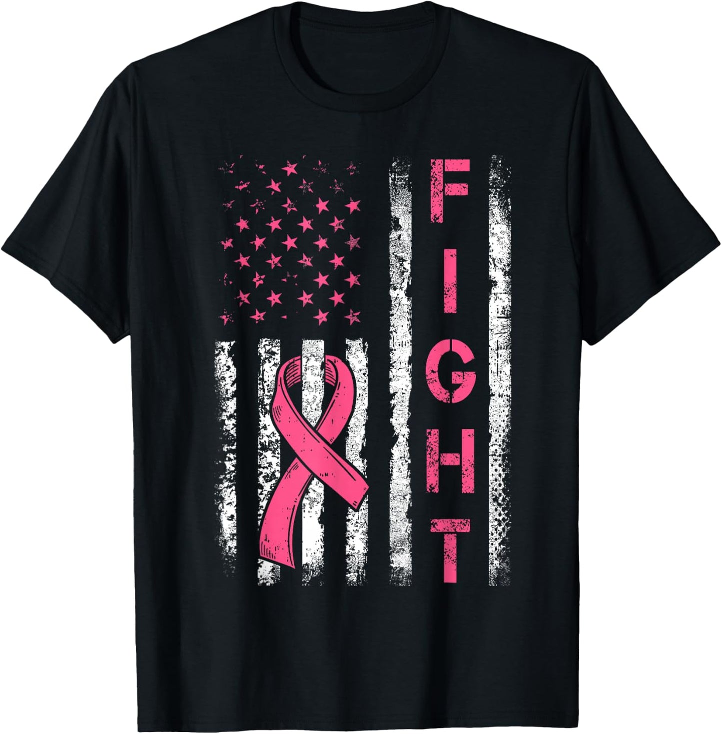 Fight Breast Cancer Awareness Pink Ribbon American Flag T-Shirt - T-Shirt | Black
